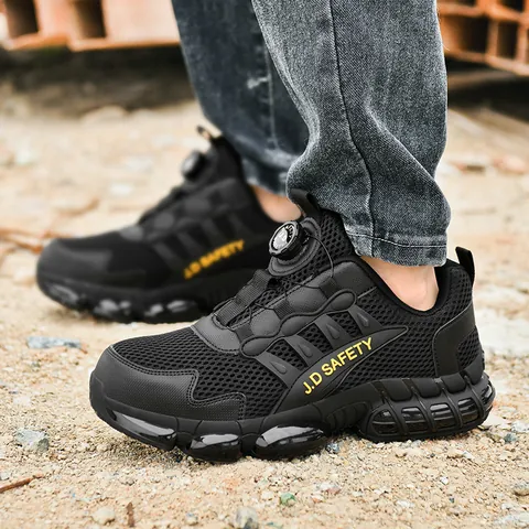 Steel Toe Safety Shoes Men Women Breathable Mesh Work Sneakers Anti-Puncture Kevlar Midsole Rotation Buckle Black