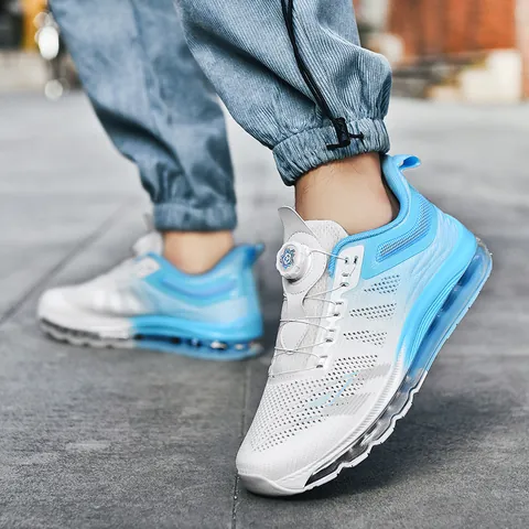 Men Running Shoes Mesh Flyknit Breathable Gradient Color Full Air Cushion Sneakers With Rotating Buckle Quick Lacing System Lightweight Athletic Jogging Shoes