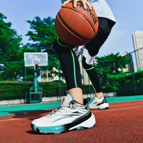 Men Professional Basketball Shoes Mid-Top Athletic Sneakers Breathable Shock-Absorbing Microfiber Leather Mesh Non-Slip Sport Shoes
