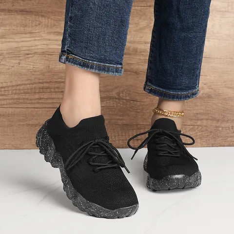 Women's Breathable Flyknit Casual Sneakers Lightweight Mesh Thick Sole Splattered Pattern Walking Shoes Fashion Sport Footwear