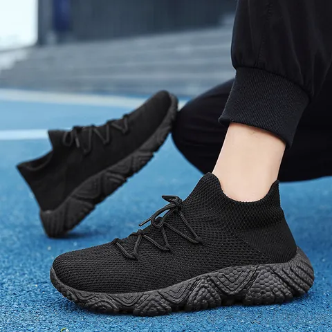 Men's Breathable Flyknit Sneakers Thick Sole Casual Mesh Sport Shoes Outdoor Running Walking Sock Sneakers Lightweight Fashion Trainers