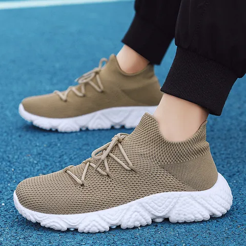 Men's Breathable Flyknit Sneakers Thick Sole Casual Mesh Sport Shoes Outdoor Running Walking Sock Sneakers Lightweight Fashion Trainers