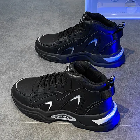 Men High Top Sneakers PU Leather Casual Streetwear Thick Sole Dad Shoes Comfortable Breathable Outdoor Sports Walking Shoes