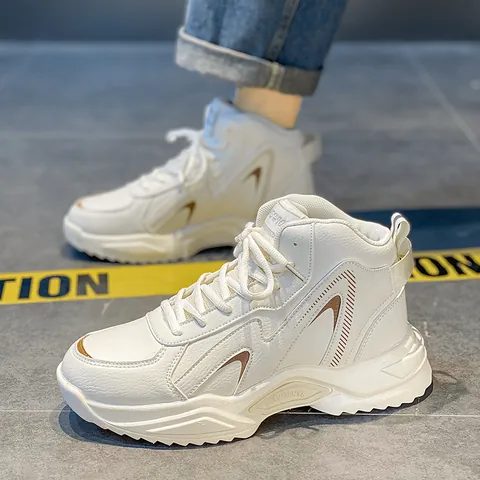 Men High Top Sneakers PU Leather Casual Streetwear Thick Sole Dad Shoes Comfortable Breathable Outdoor Sports Walking Shoes