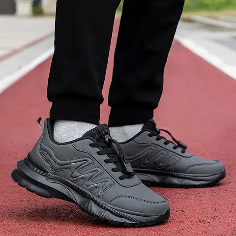 Water-Resistant Synthetic Leather Sporty Casual Shoes Thick Sole Quick-Lace Walking Sneakers For Men Women Middle-Aged
