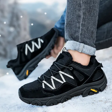 Unisex Winter Outdoor Hiking Shoes Suede Mesh Breathable Warm Plush Trekking Sneakers Anti-Slip Rubber Sole Snow Boots