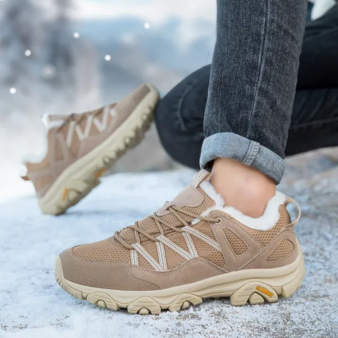 Unisex Winter Outdoor Hiking Shoes Suede Mesh Breathable Warm Plush Trekking Sneakers Anti-Slip Rubber Sole Snow Boots