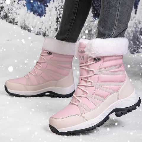 Women's Winter Snow Boots Mid-Calf Outdoor Hiking Shoes Faux Fur Lined Warm Lace-Up Non-Slip Thermal Cotton Boots