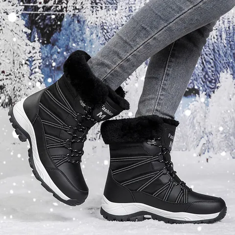 Women's Winter Snow Boots Mid-Calf Outdoor Hiking Shoes Faux Fur Lined Warm Lace-Up Non-Slip Thermal Cotton Boots