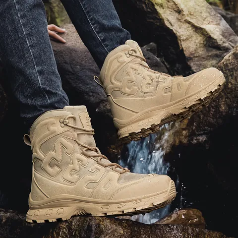 Men High-Top Tactical Boots Cow Suede Mesh Breathable Outdoor Hiking Boots Non-Slip Wear-Resistant Shock-Absorbing Training Shoes