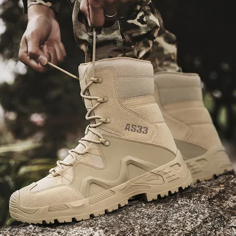 Men's Tactical Boots High Top Breathable Hiking Boots Outdoor Combat Shoes Suede Leather Oxford Fabric Non Slip Rubber Sole
