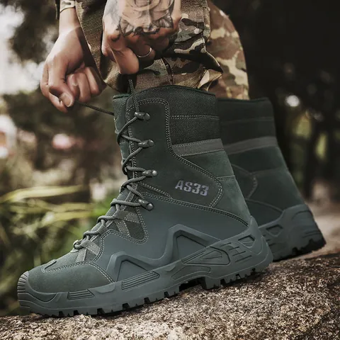 Men's Tactical Boots High Top Breathable Hiking Boots Outdoor Combat Shoes Suede Leather Oxford Fabric Non Slip Rubber Sole