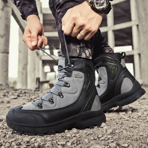 Men Outdoor Tactical Boots Breathable High-top Hiking Trekking Combat Shoes Non-slip Rubber Sole Khaki Black Blue Gray