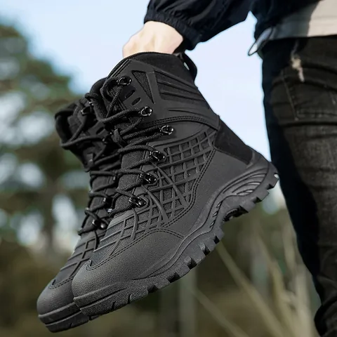 Men's Outdoor Tactical Boots Oxford Cloth TPU Cow Suede High Top Hiking Shoes Non Slip Rubber Sole Military Desert Training Work Boots