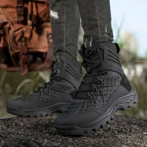 Men's Outdoor Tactical Boots Oxford Cloth TPU Cow Suede High Top Hiking Shoes Non Slip Rubber Sole Military Desert Training Work Boots