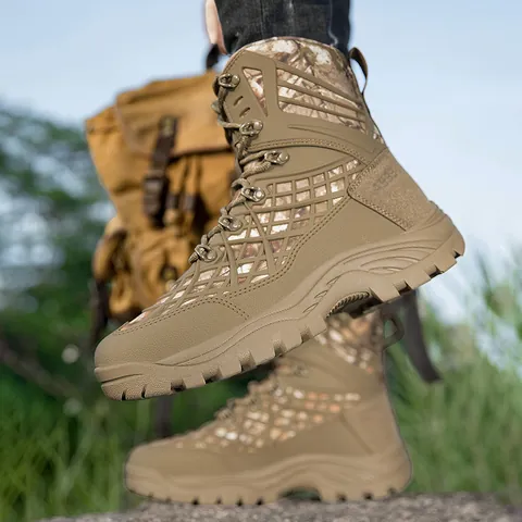 Men's High Top Tactical Boots Outdoor Hiking Combat Shoes Cow Suede Oxford Cloth TPU Camouflage Breathable Anti-slip Training Boots