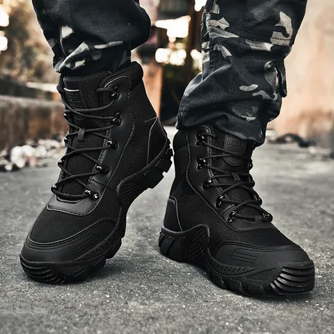 Men's Tactical Outdoor Hiking Boots Suede Oxford Cloth Mid Cut Non-Slip Wear-Resistant Combat Desert Boots Trekking Shoes