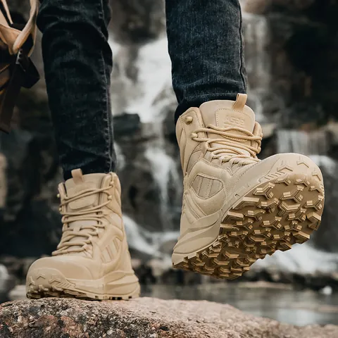 Men's High Top Tactical Combat Boots Outdoor Hiking Climbing Shoes Cowhide Suede Oxford Cloth Anti-slip Rubber Sole Desert Boots