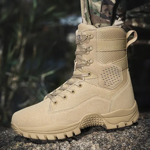 Men Tactical Boots Breathable Outdoor Hiking Combat Boots High Top Side Zipper Cow Suede Mesh Patchwork Rubber Sole Non-Slip Casual Work Shoes