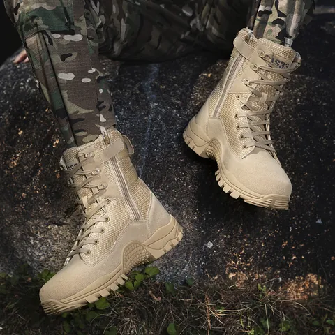 Men Tactical Boots Breathable Outdoor Hiking Combat Boots High Top Side Zipper Cow Suede Mesh Patchwork Rubber Sole Non-Slip Casual Work Shoes