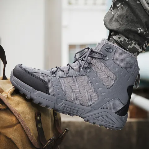 Men's Outdoor Tactical Boots High Top Hiking Desert Boots Non Slip Training Shoes For Camping Trekking Grey Black Sand