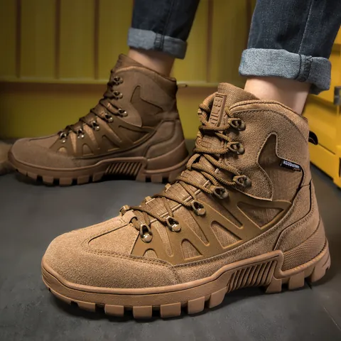 Men's Outdoor Tactical Boots Mid-cut Anti-slip Wear-resistant PU Oxford Splice Adventure Hiking Work Shoes All-Season