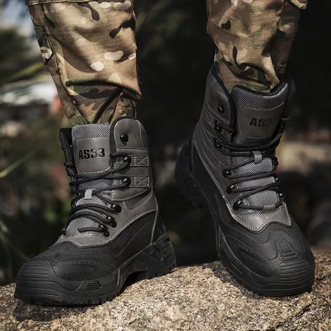 Men High Top Tactical Combat Boots Breathable Non Slip Outdoor Hiking Shoes Casual Work Boots Durable Tactical Footwear