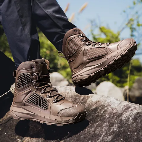 Men Tactical Boots Outdoor Hiking Shoes High Top Breathable Mesh Combat Boots Slip Resistant Desert Boots Training Trekking Gear