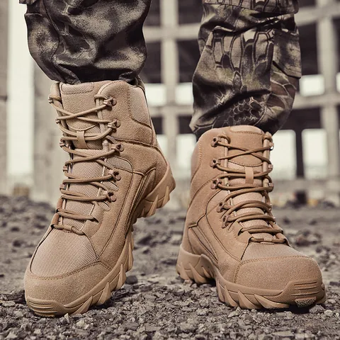 Men Tactical Outdoor Hiking Boots High-Top Suede Splicing Fleece Lined Warm Anti-Slip Breathable Training Trekking Shoes