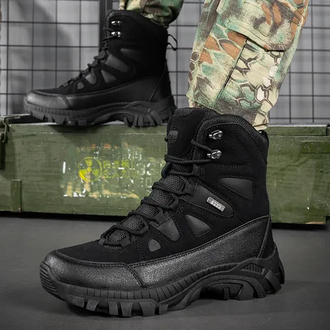 Men High Top Tactical Combat Boots Breathable Wear Resistant Hiking Trekking Shoes Cow Suede Rubber Sole Military Boots