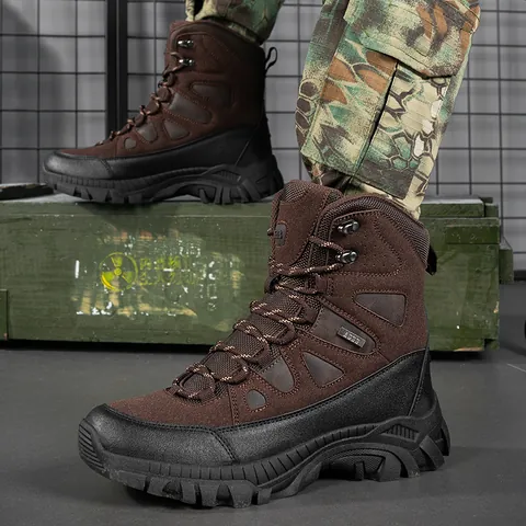 Men High Top Tactical Combat Boots Breathable Wear Resistant Hiking Trekking Shoes Cow Suede Rubber Sole Military Boots