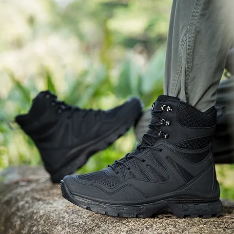 Men's Outdoor Tactical Combat Boots Oxford Cloth Mid-High Top Camouflage Hiking Shoes Non-slip Trekking Desert Work Boots