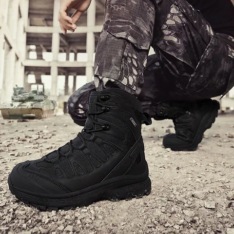 Botas Tácticas de Caña Alta para Hombre Zapatos de Senderismo Con Cremallera Lateral Cuero Sintético Oxford Malla Transpirable Botas Militares Suela de Goma Antideslizante
