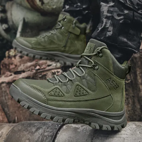 Men High-Top Tactical Combat Boots Outdoor Hiking Desert Shoes With Side Zipper Anti-Slip Wear-Resistant Work Boots