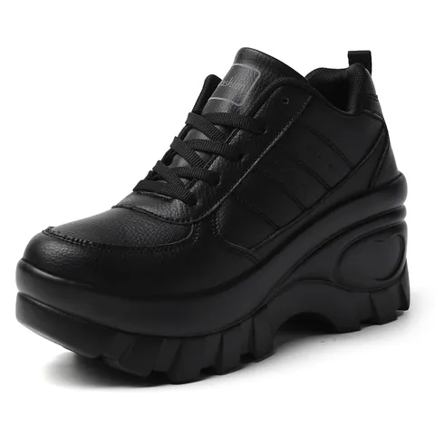 Women Fashion Platform Sneakers Breathable Mesh Height Increasing High Sole Casual Walking Shoes Heart Decor Black White