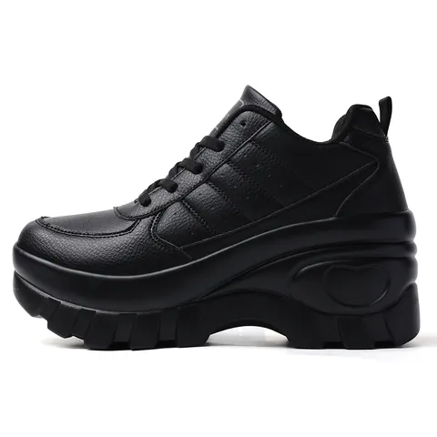 Women Fashion Platform Sneakers Breathable Mesh Height Increasing High Sole Casual Walking Shoes Heart Decor Black White