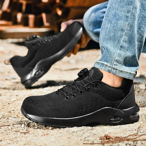 Safety Shoes Steel Toe Anti-smash Puncture Proof Work Sneakers With Rotary Buckle Air Cushion Breathable Flyknit For Men Women