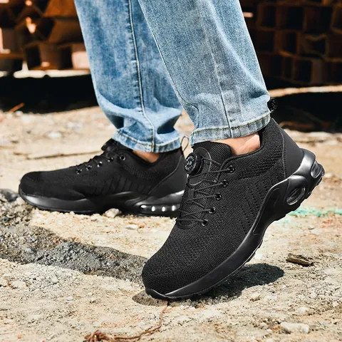 Safety Shoes Steel Toe Anti-smash Puncture Proof Work Sneakers With Rotary Buckle Air Cushion Breathable Flyknit For Men Women