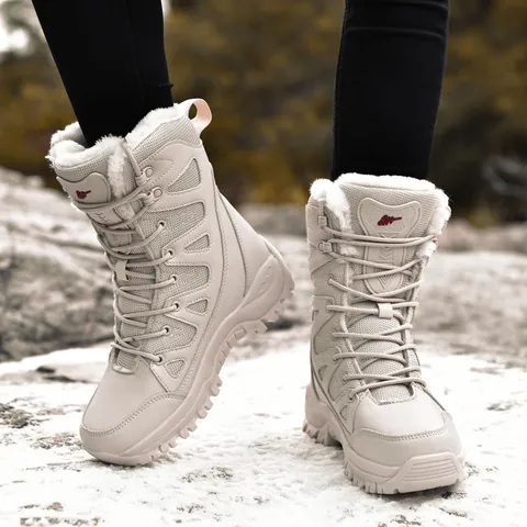 Men Women Winter High Top Outdoor Hiking Boots Warm Plush Lining Waterproof Non Slip Rubber Sole Tactical Snow Boots Beige Brown Black