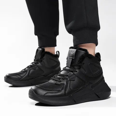 Men High Top Fleece Lined Winter Outdoor Sports Shoes Warm Shock Absorbing Non Slip Leather Sneakers Cotton Boots