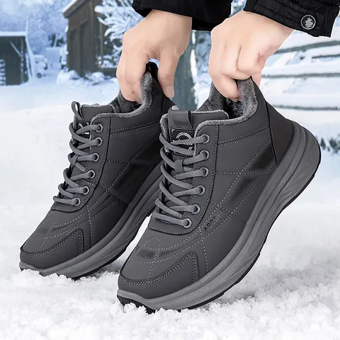 Men's Winter Outdoor Snow Boots Faux Fur Lined Warm Casual Walking Shoes Thick Sole Non-slip Lace-up High-top Sneakers Gray Black