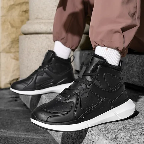 Men High Top Fleece Lined Winter Outdoor Sports Shoes Warm Shock Absorbing Non Slip Leather Sneakers Cotton Boots