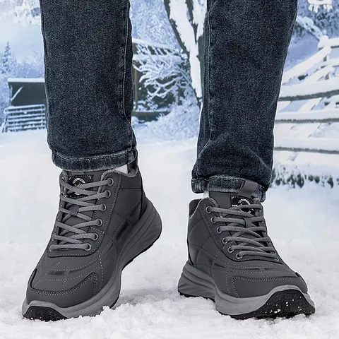 Men's Winter Outdoor Snow Boots Faux Fur Lined Warm Casual Walking Shoes Thick Sole Non-slip Lace-up High-top Sneakers Gray Black
