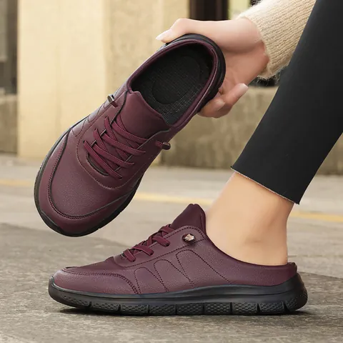 Unisex Casual Mule Sneakers Microfiber Leather Thick Sole Slip On Sporty Slippers Laces Retro Fashion Outdoor Footwear