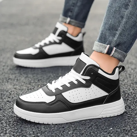 Men High Top Sneakers Breathable PU Leather Thick Sole Casual Board Shoes Streetwear Fashion Non Slip White Black Male Footwear
