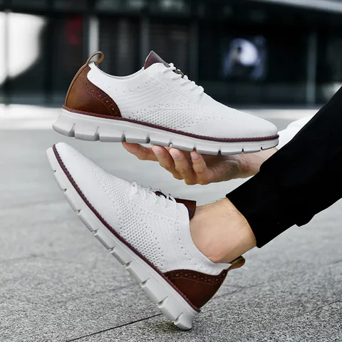 Chaussures de Sport Décontractées Flyknit pour Hommes Baskets de Mode Respirantes Légères Avec Détails en Cuir Brogue Patchwork