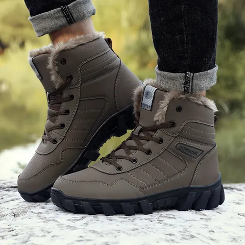 Winter Outdoor Snow Boots For Men Women Warm Plush Lining Hiking Shoes Anti Slip Rubber Sole Lace Up Mid High Top Boots