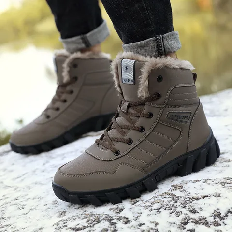 Winter Outdoor Snow Boots For Men Women Warm Plush Lining Hiking Shoes Anti Slip Rubber Sole Lace Up Mid High Top Boots