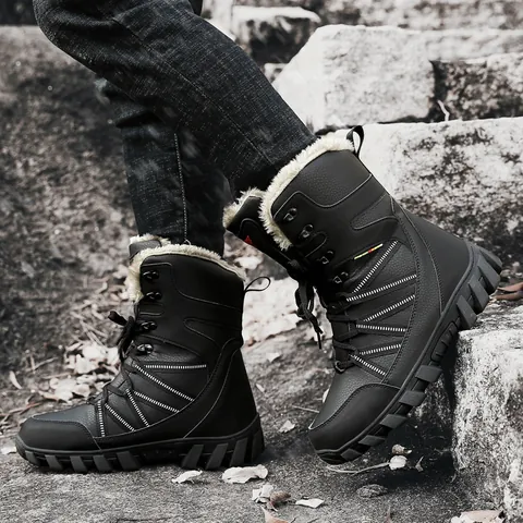 Men's Winter Snow Boots Outdoor Warm Faux Fur Lined High Top Non-Slip Rubber Sole Synthetic Leather Hiking Boots