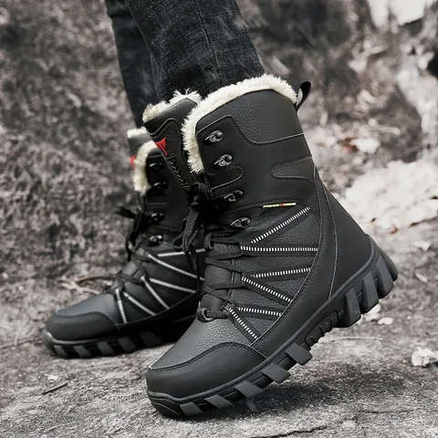 Men's Winter Snow Boots Outdoor Warm Faux Fur Lined High Top Non-Slip Rubber Sole Synthetic Leather Hiking Boots
